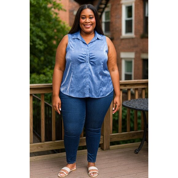Blue Diamond Plus Size 18W Top Sleeveless Ruched Collared Button-Up Shiny Blue - Picture 9 of 9
